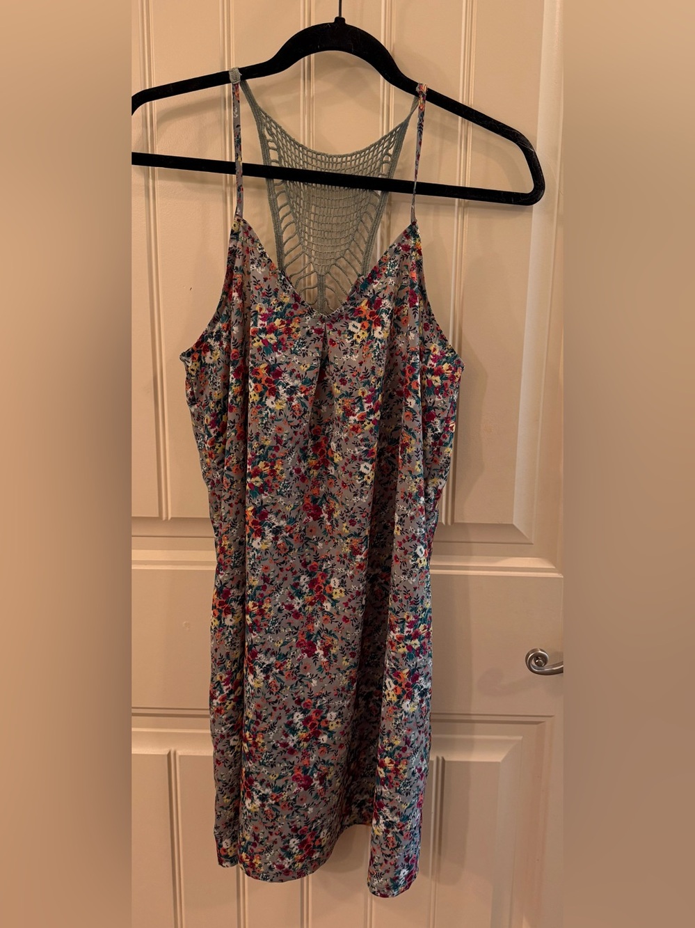 5th Culture Floral Mini Dress with Sage Crochet Back